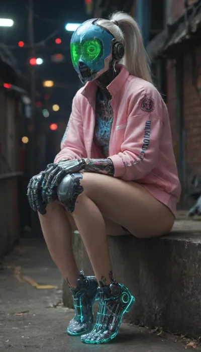 zoomed out full body portrait, ((Asian cyborg girl with human face and lights on helmet:1)), (neon pink and neon green robotic arms and legs), (neon blue robotic feet), robotic skeleton with visible neon robotic organs, many face scars and many tattoos, platinum hair in high ponytail, wearing David's Edgerunner jacket, <lora:PAseer-SDXL-Transparent Robot:.5>