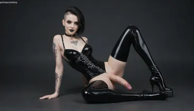 Goth, goth Futanari, (full body visible, legs apart, do the splits), (pale skin:1.8), (body type is fit:1.7), narrow face, cute face, (smiling), thin neck, (undercut hairstyle), black hair, small cock, (The futanari has a veiny erect cock), (long legs:1.6), (medium tits), (small areolas and very dark areolas), ((Arms tattoo)), pubis tattoo, chest tattoo, (((latex suit, latex glows, latex corset, latex bra, latex stockings))), black choker, goth make-up, black lipstick
