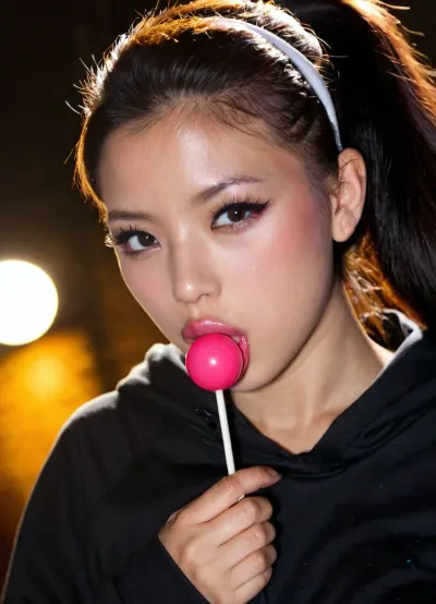 Breathtaking extremely junior Sexy naughty girl 20 years old tall korean beauty, perfect work, long black hair, skinny body, medium perky fake breasts, b0h0, (headpiece), throw, in, some, gems, Black eyeliner. Heavy bronze eyeshadow. BREAK
Fully clothed in, (hot pink baggy college hoodie:1.2), . realistic eyes. she sucks on a round red lollipop. Sultry expression. Tousled, high ponytail. Eye contact, (sultry), confident. Petite, athletic, sweaty. Photorealistic. Viewer at eye level, close up. In a poorly lit, rundown basement of a derelict building. Close up, 35mm SLR, 50mm f/1.8 lens, Kodak Portra 400 color film. Nostalgic, film-grain aesthetic., with an overall underexposure of 1-2 stops to accentuate the darkness and isolation of the environment. Close-up on face. Soft backlight.