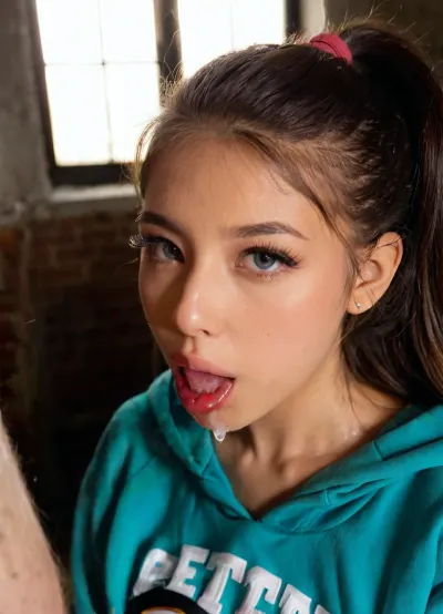 Breathtaking extremely junior a 19 years old sexy girl, stunning, Instagram model, view from face, slut, heavy makeup, runny makeup, ruined makeup, smooth silky long hair, half naked, small boobs, chocker, high quality, Best quality, horny face, sweaty, used, cumdump, submissive, sex hair, very sexy, very slim girl, slim figure, slim waist, small waist, fit girl, petite fit girl, petite, athletic body, tight, realistic, very detailled, high résolution, <lora:igbaddie-XL:.6>, Black eyeliner. Heavy bronze eyeshadow. BREAK
Fully clothed in, (hot pink baggy college hoodie:1.2), . realistic eyes. Sultry expression. Tousled, high ponytail. Eye contact, (sultry), confident. Petite, athletic, sweaty. Photorealistic. Viewer at eye level, close up. In a poorly lit, rundown basement of a derelict building. Close up, macro shot, Canon RF 100mm F2.8L Macro IS USM, Kodak Portra 400 color film. Nostalgic, film-grain aesthetic., with an overall underexposure of 1-2 stops to accentuate the darkness and isolation of the environment. Close-up on face. Soft backlight.