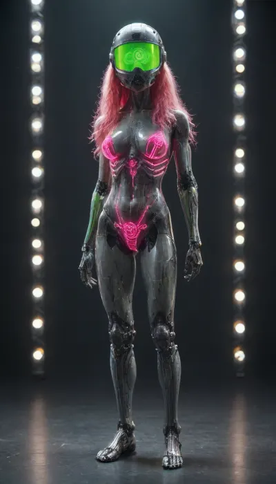 zoomed out full body portrait, ((Asian cyborg girl with lights attached to helmet:1)), (transparent neon pink and neon green robotic arms), robotic skeleton with visible plasma robotic organs, human face with many face scars and many tattoos, <lora:PAseer-SDXL-Transparent Robot:.5>