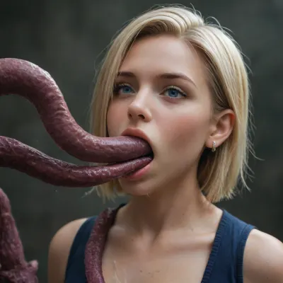 Android18 gets surprised by tentacle monster, tentacles hold her head, (2 huge tentacles fucks her mouth1:2)