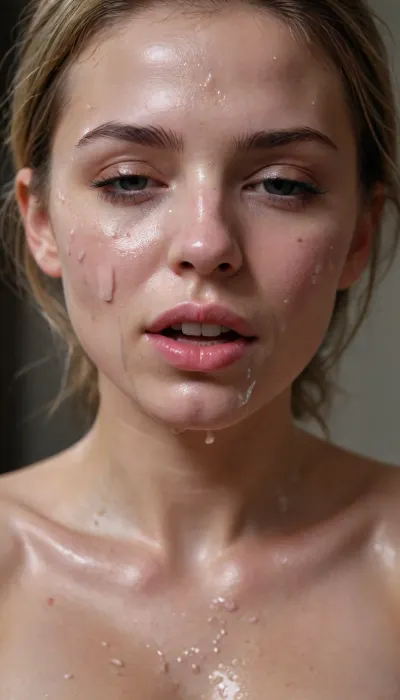 her body is covered with cum on face and tits, cum dripping from vegina