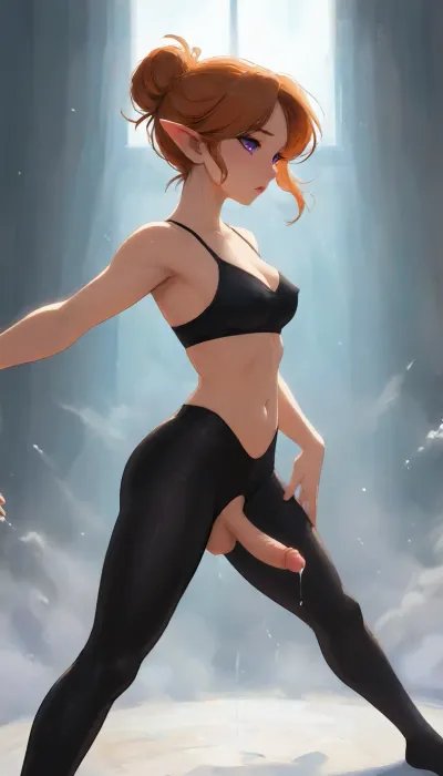 (Dark elf sorceress), glowing violet eyes, (detailed eyes), (perfect eyes), long orange hair, deep cleavage, seductive gaze, She's dancing in the Ballet Hall, wearing a black latex ballet suit, bare breasts, with her short penis peeking out from under the black latex underpants, her hair in a bun, smooth black skin, big round boobs, erect nipples, shiny body, toned abs, narrow waist, curvy hips, Profile view, looking from the side, sticking his ass up, testicles hanging down, ballet pose, ballet dancing, soft fog, erotic fantasy lighting, NSFW, masterpiece, highly detailed, futanari, futanari short penis, testicles, erection, futa_overflow, cum in ballet hall, dripping cum in ballet hall, solo, bangs, eye, focus, orgasm face, sparkle, looking, at, viewer, glowing, eyelashes, <lora:J_cartoon:.3>, <lora:Animated_Concept:.3>, <lora:samdoesarts1.1-000030:.3>, <lora:209970_training_data:.8>, <lora:Jeweled eyes-NAI:.8>
