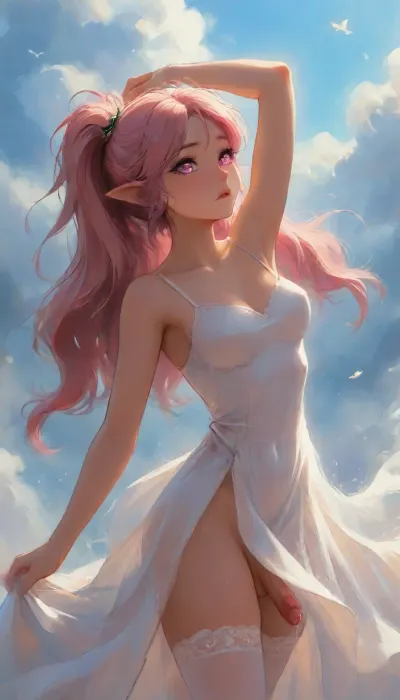 (Dark elf sorceress), glowing pink eyes, (detailed eyes), (perfect eyes), long pink hair, deep cleavage, seductive gaze, In zero gravity, floating in the clouds, the sky in the background, dancing in the clouds, long curly pink hair in pigtails, wearing a pink idol dress, lifting the hem of the dress with two hands, showing the penis under the dress, high white lace stockings, smooth black skin, big round boobs, erect nipples, shiny body, toned abs, narrow waist, curvy hips, Profile view, looking from the side, sticking his ass up, testicles hanging down, ballet pose, ballet dancing, soft fog, erotic fantasy lighting, NSFW, masterpiece, highly detailed, futanari, futanari short penis, testicles, erection, futa_overflow, cum in zero gravity, dripping cum in floating, solo, bangs, eye, focus, confused face, sparkle, looking, at, viewer, glowing, eyelashes, <lora:J_cartoon:.3>, <lora:Animated_Concept:.3>, <lora:samdoesarts1.1-000030:.3>, <lora:209970_training_data:.8>, <lora:Jeweled eyes-NAI:.8>