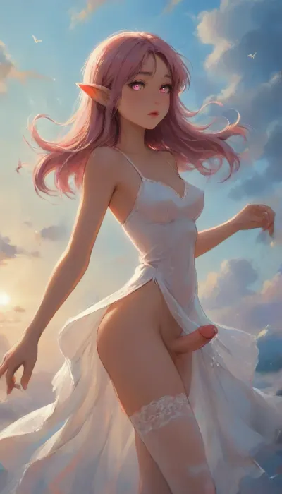 (Dark elf sorceress), glowing pink eyes, (detailed eyes), (perfect eyes), long pink hair, deep cleavage, seductive gaze, In zero gravity, floating in the clouds, the sky in the background, dancing in the clouds, long curly pink hair in pigtails, wearing a pink idol dress, lifting the hem of the dress with two hands, showing the penis under the dress, high white lace stockings, smooth black skin, big round boobs, erect nipples, shiny body, toned abs, narrow waist, curvy hips, Profile view, looking from the side, sticking his ass up, testicles hanging down, ballet pose, ballet dancing, soft fog, erotic fantasy lighting, NSFW, masterpiece, highly detailed, futanari, futanari short penis, testicles, erection, futa_overflow, cum in zero gravity, dripping cum in floating, solo, bangs, eye, focus, confused face, sparkle, looking, at, viewer, glowing, eyelashes, <lora:J_cartoon:.3>, <lora:Animated_Concept:.3>, <lora:samdoesarts1.1-000030:.3>, <lora:209970_training_data:.8>, <lora:Jeweled eyes-NAI:.8>