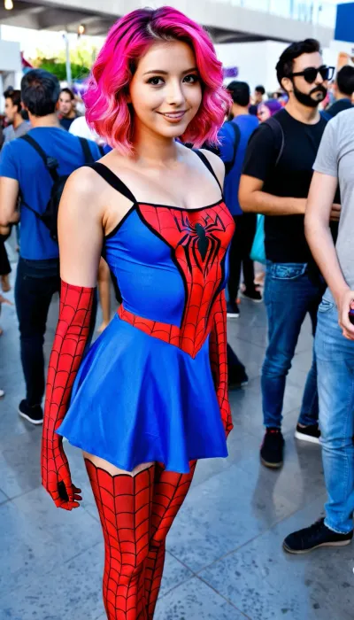 A 22 years old mexican woman, small breasts, fully clothed wearing a costume of Spider-Man, smiling, voluminous short wavy hair, pink color hair, hyperrealistic photo, comic-con, real body, crowded place, Full HD, 8K