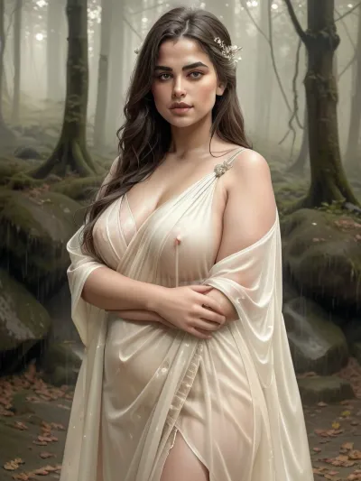 A photorealistic, capturing a breathtaking young obese woman in a natural setting. She is immersed in a moment of quiet intensity—, [her expression serene yet magnetic], . Her, [soaked lightweight flowing dress], subtly hugs her form, touched by the elements—, [a gentle breeze / soft rain / golden sunlight], ., [Raindrops glisten across her skin / Light dances on her collarbone / Her soaked hair streams like silk], . The background—, [a misty forest], —enhances the dreamlike atmosphere. Every detail, from, [the texture of her garment], to, [the reflection in her eyes], is rendered with cinematic realism, evoking both beauty and emotional depth., <lora:[hikari]visiblenipples_v1:1.6>