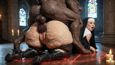 professional photo, sharp focus, perfect, detailed, masterpiece, score_9, ((one couple)), old church, (very large magic circle), (monster gargoyle, dark fur:1.3), (sensual evil horny look, moaning aroused, pushing penis deep inside, pussy penetration), (25yo-beautiful, fat, obese, little cellulite nun, black shadow eyes, big volouptous boobs:1.2), ((ripped clothes, stockings, high laced boots, big round ass, very meaty pussy, getting hardly doggystyle fucked from behind, looking back, candles)), bright sunlight through colorful windows, rule of thirds, bright sidelight, (dusty), ((total view from behind)), 4ng3l, face, <lora:add-detail-xl:.6>, <lora:SDXL_BetterFaces-LoRA_v1:.8>, close up