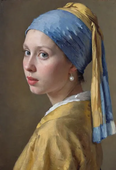 woman, ((Vermeer "Girl with a Pearl Earring")), 18 yo, very huge tits, side view, upper body view, bichu, oil, <lora:oil painting:.8>, impressionist, painting, <lora:EldritchImpressionismXL1.5:.8>
