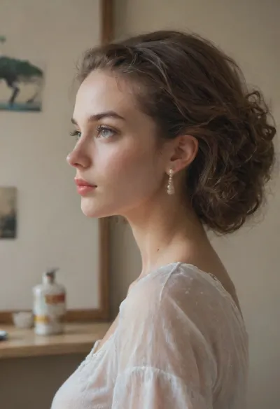 woman, ((Vermeer "Girl with a Pearl Earring")), 18 yo, very huge tits, side view, upper body view, bichu, oil, <lora:oil painting:.8>, impressionist, painting, <lora:EldritchImpressionismXL1.5:.8>