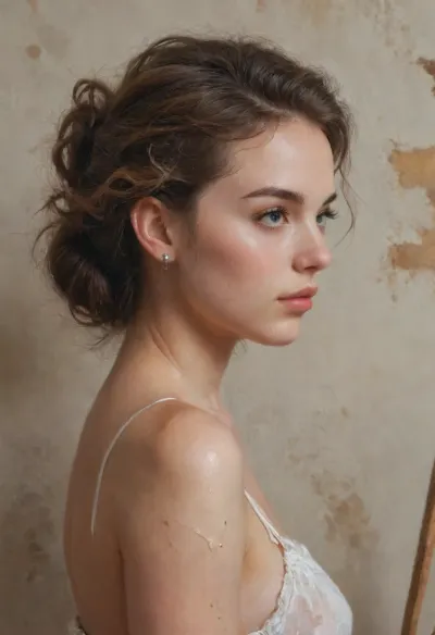 woman, ((Vermeer Oil Painting:1.5)), 18 yo, very huge tits, side view, upper body view, bichu, oil, impressionist, painting, <lora:oil painting:1.6>, <lora:EldritchImpressionismXL1.5:1.5>