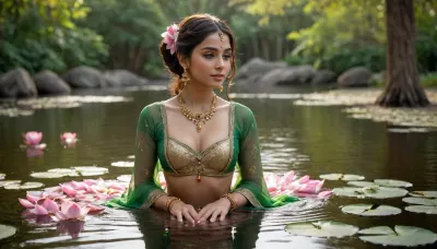To view keyboard shortcuts, press question mark
View keyboard shortcuts

Describe this picture in proper detail

The image depicts a serene and picturesque scene set at sunrise or sunset, with soft golden light filtering through trees and reflecting off a calm body of water. A woman is the central figure, reclining gracefully in a shallow pool surrounded by large, flat rocks. She is adorned in an elaborate, traditional outfit featuring a shimmering, golden-green blouse and a flowing, sheer skirt with intricate patterns and a hint of maroon. Her attire is complemented by an array of ornate jewelry, including a necklace, earrings, bangles, and anklets, all intricately designed.Her skin is decorated with detailed henna tattoos that extend from her hands up her arms and across her legs, adding to the cultural richness of the scene. Her long, dark hair spreads out around her, partially submerged in the water, enhancing the ethereal quality of the image. Surrounding her are several blooming lotus flowers, their pink and white petals adding a natural beauty to the composition. The water is dotted with lily pads, and the background features lush greenery and trees, creating a tranquil, almost mystical atmosphere. The overall lighting and composition suggest a harmonious blend of nature and cultural elegance.

Explain the cultural significance

Traditional Indian jewelry