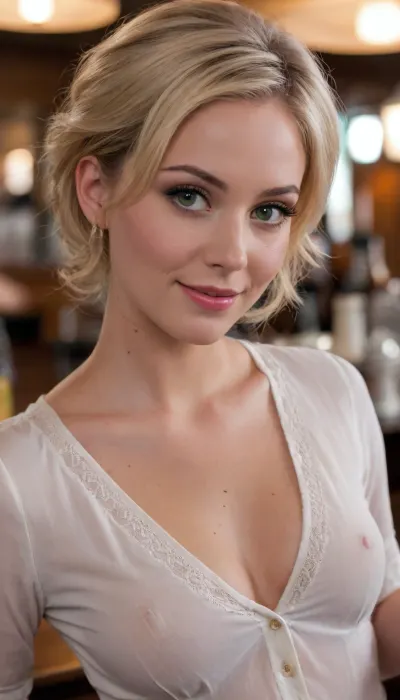 1girl beautiful American woman, 23 years old, green eyes, (((wing-tip eyeliner))), sexy short blonde hair, thin face, high cheekbones, small flirty smirk, smiling eyes, bartender, standing behind the bar, handing a beer to the viewer, seductive, pale, firm medium boobs, skinny, white button-up blouse, no bra under shirt, (((nip slip))), high detailed skin, 8k uhd, dslr, high quality, detailed skin texture, highly detailed hair, sharp body, highly detailed body, realistic, soft focus, insanely detailed, highest quality, light freckles, skin pores, skin imperfections, glowing hair, high resolution photography on a canon camera, friendly, flirty