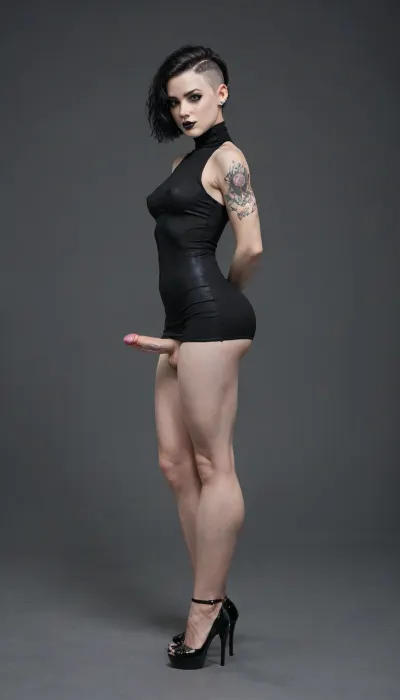 one person, Goth, goth futanari, (full body visible, Crossing legs), (pale skin:1.8), (body type fit:1.7), narrow face, thin neck, (short undercut hairstyle), black hair, (small cock:1.1), (The futanari has a veiny erect cock), (round ass:1.2), (muscular legs:1.3), (small tits:1.4), ((heels strips), (bodypantyhose), (Tight turtleneck form-fitting transparent elastic dress:1.3), ((Arms tattoo)), pubis tattoo, black choker, goth make-up, black lipstick)