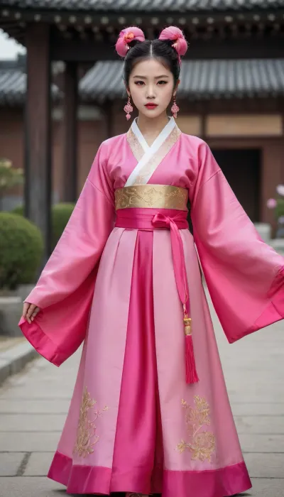 A full-body ultra-realistic image of a fierce Korean girl with long hot pink twin-tails, sharp eyeliner, and a confident gaze, walking down a fashion runway. She is wearing a beautifully modernized traditional Korean hanbok, featuring a short jeogori jacket with long ribbons, (goreum), a high-waisted full-length chima, (skirt), made of layered silk and organza, and subtle gold embroidery inspired by Joseon royal attire. The hanbok is in vivid pink and black, with luxurious textures and elegant
