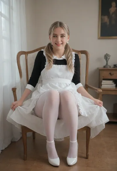 beautiful blonde 18 years old with ponytails woman, long face, smiling widely, sitting in an easy chair, legs spreading wide aside, white bows, black dress, white apron, soviet schoolgirl, white pantyhose, white shoes, high heels, lewddungeon, white background, beautiful blonde 18 years old with long pigtails woman, white lingerie, Cinematic, laughing, 4k epic detail, shot on kodak, 35mm photo, sharp focus, high budget, cinemascope, moody, epic, gorgeous, film grain, grainy, score_9, score_8_up, score_7_up, rating, suxl, photostudio, shooting, indoors, cable, cyclorama, kyoshitsu, kaidan, rouka, pantyhose, white, <lora:suxl:1.2>, <lora:PhotoStudio_SDXL_V1:.8>, <lora:Gakkou_SDXL_V1:1>, <lora:pantyhose_xl_v1:1.4>