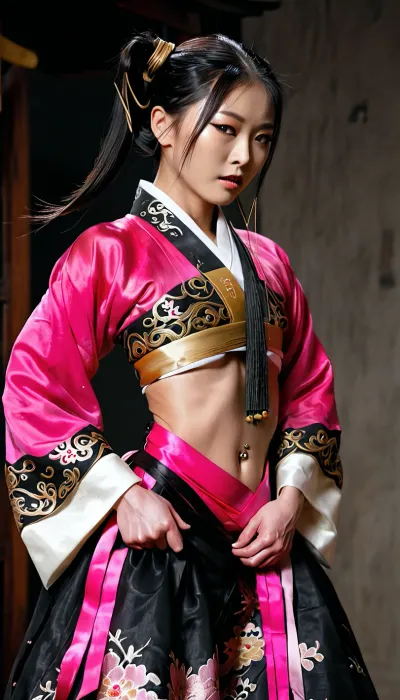 photorealistic, (masterpiece, ultra-detailed:1.4), cinematic still, (Erotic photography by Hegre in the style of Met-art:1), A full-body ultra-realistic image of a fierce Korean 18 years girl with long hot pink twin-tails, sharp eyeliner, and a confident gaze, walking down a fashion runway. She is wearing a beautifully modernized traditional Korean hanbok, featuring a short jeogori jacket with long ribbons, (goreum), a high-waisted full-length chima, (skirt), made of layered silk and organza, and subtle gold embroidery inspired by Joseon royal attire. The hanbok is in vivid pink and black, perfect hand, with luxurious textures and elegant, fingering, female masturbation, (full body shot), piercing, ultra, details, grim, highly detailed, drkms, <lora:cfg_scale_boost:1.4>, <lora:MJ52:.9>, <lora:Microwaist_XL_v01:1.9>, <lora:LCMTurboMix_Euler_A_fix:2>, <lora:DarkGrimFantasyXL-000004:.2>
