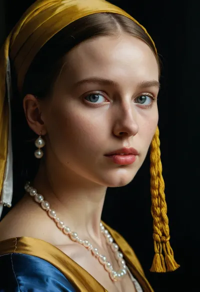 Girl with a Pearl Earring painting by Dutch artist Jan Vermeer. Super clear, highly detailed watercolor, glaze technique, plus colored alcohol ink, style of Dutch artist Jan Vermeer, rope, black, tape, gag, bondage, <lora:bdsm_SDXL_1_:.8>
