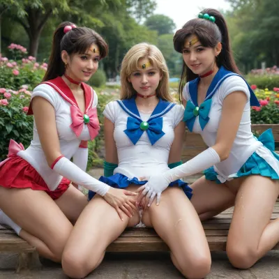 4 girls, 8K, UHD, (sitting and spreading:1.2), (2 sailor girls kneeling behind and touch their breasts, (25 years sailor sluts:1.2), sailor Jupiter, sailor mars, sailor Venus, sailor Neptun, (fingering with hand inside vagina:1.4), (beautiful Japanese women:1.4), kneeling outside in the flower garden, on a bench, smiling, (hair and face cum covered:1.4), (gaping cum filled vagina:1.5), spreading her labia, top quality, ultra-detailed, perfect background, sharp focus, bokeh, (cum covered clothes:1.5), (object), 1D, 20D, up, spread, sitting, NEGATIVE_HANDS), perfect, skin, blemish, detailed, perfecteyes, aajupiter, brown, ponytail, bobbles, green, pink, bowtie, school, uniform, ribbon, sleeves, aavenus, long, hair, blonde, bow, tiara, earrings, blue, eyes, orange, choker, sailor, collar, white, shirt, elbow, gloves, pleated, skirt, bare, legs, <lora:polyhedron_all_sdxl-000004:1.8>, <lora:PerfectEyesXL:1.8>, <lora:sailor_jupiter_animaginexl_v2:1>, <lora:sailor_venus_animaginexl_v2:1>