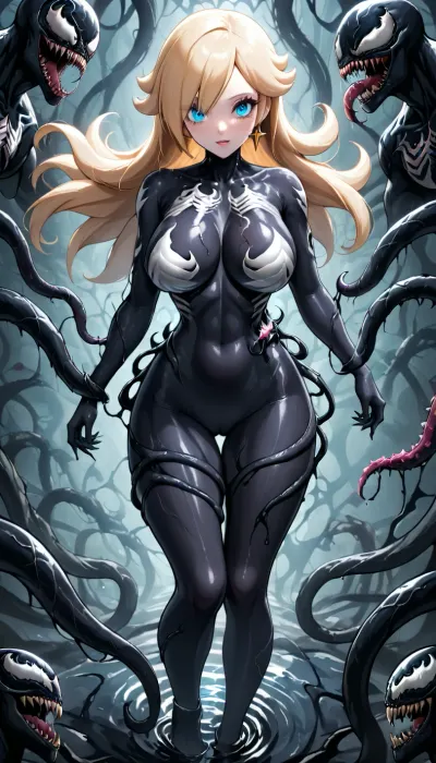 Venom X Rosalina Fusion. Venom fused with Rosalina from Mario, Adult Woman, long blonde hair, Slender body, Large breasts, Glowing blue eyes, Symbiote suit, Symbiote taking over body, Half Venom face, Sinister expression, black tentacles coming from back, black tentacles wrapped around legs, tentacle around waist, (((Long blonde hair:1.5))), (((Sinister expression:1.2))), (Venom fully taken control:1.4), Above view, Solo_Focus, <lora:She-Venom-FFusion.LORA:1.4>
