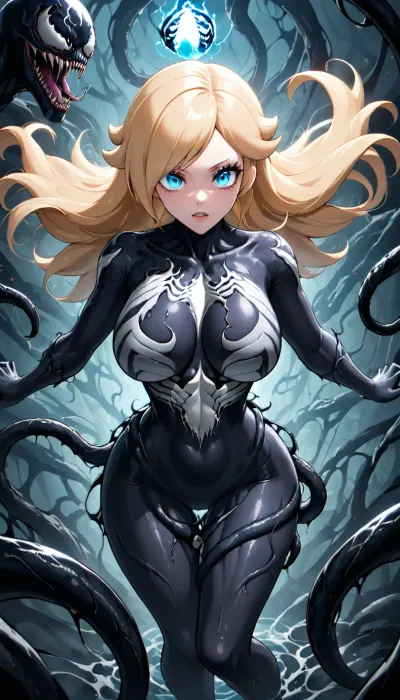 Venom X Rosalina Fusion. Venom fused with Rosalina from Mario, Adult Woman, long blonde hair, Slender body, Large breasts, Glowing blue eyes, Symbiote suit, Symbiote taking over body, Half Venom face, Sinister expression, black tentacles coming from back, black tentacles wrapped around legs, tentacle around waist, (((Long blonde hair:1.5))), (((Sinister expression:1.2))), (Venom fully taken control:1.4), Above view, Solo_Focus, <lora:She-Venom-FFusion.LORA:1.4>