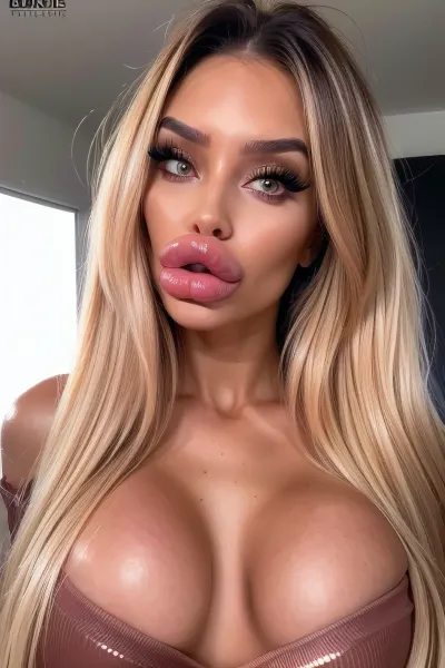 (18 years old bimbo:1.5), (best photo), ultra tanned skin, reflecting skin, moist lips, (fresh dermal fillers), ((ultra hyaluron)), (ultra Lip fillers), (huge fake lips), bolt on lips, (Russian Lip fillers), (ultra plump lips), overfilled lips, (Rhinoplasty, micro nose), ((Rhinoplasty)), Botox, botoxfacelift, antiageing, ultra cosmetic surgery, bright eyes, ultra glass skin, perfect glass skin, flawless skin, (Glistering skin), (glistering lips), (at a party), (pouting lips), (flaunting lips), looking up at viewer, eye contact, long fake eyelashes, slutty make up, lip gloss, pink, doing bimbo things, (flirting with the host), fresh after cosmetic surgery, ((high detailed skin)), (ultra high quality), 8K, HDR light, volumetric lighting, realistic reflections, detailed skin texture, (highly detailed hair), hair extensions, shiny hair, dyed hair, highly detailed face, insanely detailed, highest quality, (hyperrealistic:1.3), (ultra-realistic:1.4), background details, gradient background, <lora:BimbolipsV4-000003:.7>, <lora:lips:.7>