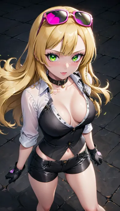 Kyoko Kuremi from Digimon, Adult Woman, long blonde hair, Slender body, medium breasts, Green eyes, black sunglasses with pink lenses on head, a white long-sleeved shirt with a collar, black buttons, (the top one undone, revealing cleavage), black gloves, black shorts, black high heels, dynamic view