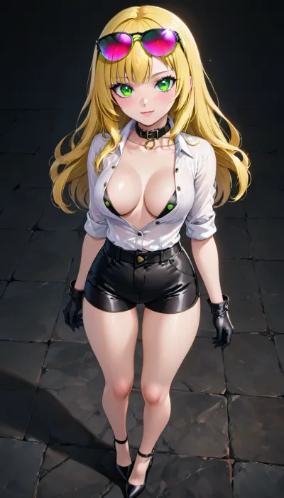 Kyoko Kuremi from Digimon, Adult Woman, long blonde hair, Slender body, medium breasts, Green eyes, black sunglasses with pink lenses on head, a white long-sleeved shirt with a collar, black buttons, (the top one undone, revealing cleavage), black gloves, black shorts, black high heels, dynamic view