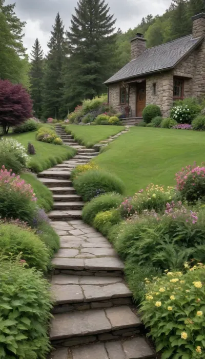 Describe this image in proper detail The image depicts a picturesque scene featuring a charming stone cottage nestled in a lush, green valley. The cottage has a steeply pitched roof covered with dark shingles and is constructed with a combination of stone and wood, giving it a rustic appearance. A small deck extends from the front, furnished with two cushioned chairs and a table, offering a cozy spot to enjoy the surroundings. The deck is accessible via a short set of steps and is bordered by a simple railing.

The cottage is surrounded by a well-maintained lawn, dotted with vibrant flower beds and colorful shrubs, including a prominent pink flowering bush in the foreground and yellow blooms near the water's edge. A winding stone path leads from the deck into the garden area, enhancing the natural beauty of the setting.

To the right of the cottage, a clear, flowing stream runs through the scene, its waters cascading over rocks and creating gentle rapids. In the background, a small waterfall tumbles down a forested hillside, adding a serene and tranquil element to the landscape. The surrounding area is rich with dense greenery, including a variety of trees with fresh spring foliage, and rolling hills covered in lush vegetation stretch into the distance under a cloudy sky. The overall atmosphere is peaceful and idyllic, suggesting a perfect retreat in nature.