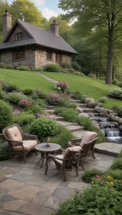 Describe this image in proper detail The image depicts a picturesque scene featuring a charming stone cottage nestled in a lush, green valley. The cottage has a steeply pitched roof covered with dark shingles and is constructed with a combination of stone and wood, giving it a rustic appearance. A small deck extends from the front, furnished with two cushioned chairs and a table, offering a cozy spot to enjoy the surroundings. The deck is accessible via a short set of steps and is bordered by a simple railing.

The cottage is surrounded by a well-maintained lawn, dotted with vibrant flower beds and colorful shrubs, including a prominent pink flowering bush in the foreground and yellow blooms near the water's edge. A winding stone path leads from the deck into the garden area, enhancing the natural beauty of the setting.

To the right of the cottage, a clear, flowing stream runs through the scene, its waters cascading over rocks and creating gentle rapids. In the background, a small waterfall tumbles down a forested hillside, adding a serene and tranquil element to the landscape. The surrounding area is rich with dense greenery, including a variety of trees with fresh spring foliage, and rolling hills covered in lush vegetation stretch into the distance under a cloudy sky. The overall atmosphere is peaceful and idyllic, suggesting a perfect retreat in nature.