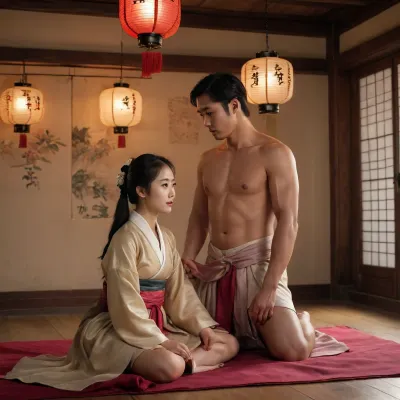 1 Korean male, 1 Korean female, having sex, cowgirl position, (cowgirl position), Korean couple, 21 year old Korean female, 27 year old Korean male, nude, naked, Having sex in traditional outfits, Sex in hanbok, silk hanbok, sex in the hanbok, Real face, seductive expression, Night time, dim light, late night time, winter weather, sweaty, oily skin, sensual scene, side pose, full body visible, light reflecting from skin, detailed body, real skin, perfect body, perfect feet, perfect hands, Detailed face, both of them are nude, dark scene, dusk, night shadows, 15th century, joseon period, full body in view, in old house, ancient Korean lanterns hanging on the ceiling, evening time, reflections, shadows, Realistic detailed eyes. Realistic skin texture. high quality, photorealistic, hyperrealistic, extremely detailed, high resolution, high resolution face, high resolution eyes, 8k, 15th century Korean house with bed on the ground in the middle of the room, colourful room, flower decorations, Korean paintings, <lora:CowgirlFeetUp:.8>