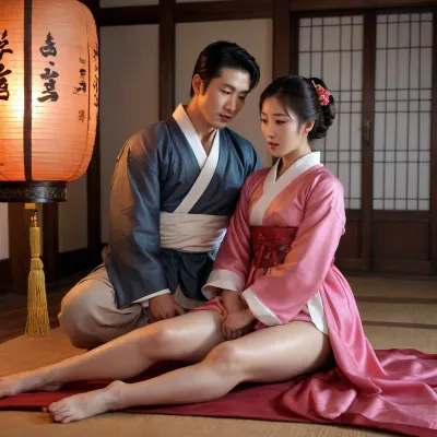 1 Korean male, 1 Korean female, wearing hanbok, enjoying sex, boob poping out, intense sex, cowgirl position, (cowgirl position), Korean couple, 21 year old Korean female, 27 year old Korean male, nude, naked, Having sex in traditional outfits, Sex in hanbok, silk hanbok, sex in the hanbok, Real face, seductive expression, Night time, dim light, late night time, winter weather, sweaty, oily skin, sensual scene, side pose, full body visible, light reflecting from skin, detailed body, real skin, perfect body, perfect feet, perfect hands, Detailed face, both of them are nude, dark scene, dusk, night shadows, 15th century, joseon period, full body in view, in old house, ancient Korean lanterns hanging on the ceiling, evening time, reflections, shadows, Realistic detailed eyes. Realistic skin texture. high quality, photorealistic, hyperrealistic, extremely detailed, high resolution, high resolution face, high resolution eyes, 8k, 15th century Korean house with bed on the ground in the middle of the room, colourful room, flower decorations, Korean paintings, <lora:CowgirlFeetUp:.8>