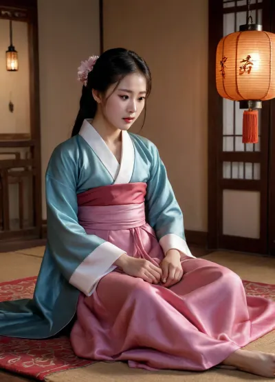 1 Korean male, 1 Korean female, wearing hanbok, enjoying sex, boob poping out, intense sex, cowgirl position, (cowgirl position), Korean couple, 21 year old Korean female, 27 year old Korean male, nude, naked, Having sex in traditional outfits, Sex in hanbok, silk hanbok, sex in the hanbok, Real face, seductive expression, Night time, dim light, late night time, winter weather, sweaty, oily skin, sensual scene, side pose, full body visible, light reflecting from skin, detailed body, real skin, perfect body, perfect feet, perfect hands, Detailed face, both of them are nude, dark scene, dusk, night shadows, 15th century, joseon period, full body in view, in old house, ancient Korean lanterns hanging on the ceiling, evening time, reflections, shadows, Realistic detailed eyes. Realistic skin texture. high quality, photorealistic, hyperrealistic, extremely detailed, high resolution, high resolution face, high resolution eyes, 8k, 15th century Korean house with bed on the ground in the middle of the room, colourful room, flower decorations, Korean paintings, <lora:CowgirlFeetUp:.8>