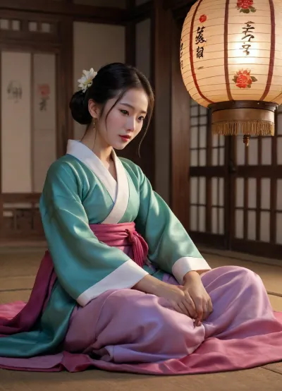 1 Korean male, 1 Korean female, wearing open hanbok, enjoying sex, boob poping out, intense sex, cowgirl position, ((cowgirl position)), Korean couple, 21 year old Korean female, 27 year old Korean male, nude, naked, Sex, cowgirl, traditional rituals, Having sex in traditional outfits, Sex in hanbok, silk hanbok, sex in the hanbok, Real face, seductive expression, Night time, dim light, late night time, winter weather, sweaty, oily skin, sensual scene, side pose, full body visible, light reflecting from skin, detailed body, real skin, perfect body, perfect feet, perfect hands, Detailed face, both of them are nude, dark scene, dusk, night shadows, 15th century, joseon period, full body in view, in old house, ancient Korean lanterns hanging on the ceiling, evening time, reflections, shadows, Realistic detailed eyes. Realistic skin texture. high quality, photorealistic, hyperrealistic, extremely detailed, high resolution, high resolution face, high resolution eyes, 8k, 15th century Korean house with bed on the ground in the middle of the room, colourful room, flower decorations, Korean paintings, <lora:CowgirlFeetUp:.8>