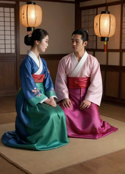 1 Korean male, 1 Korean female, wearing open hanbok, enjoying sex, boob poping out, intense sex, cowgirl position, ((cowgirl position)), Korean couple, 21 year old Korean female, 27 year old Korean male, nude, naked, Sex, cowgirl, traditional rituals, Having sex in traditional outfits, Sex in hanbok, silk hanbok, sex in the hanbok, Real face, seductive expression, Night time, dim light, late night time, winter weather, sweaty, oily skin, sensual scene, side pose, full body visible, light reflecting from skin, detailed body, real skin, perfect body, perfect feet, perfect hands, Detailed face, both of them are nude, dark scene, dusk, night shadows, 15th century, joseon period, full body in view, in old house, ancient Korean lanterns hanging on the ceiling, evening time, reflections, shadows, Realistic detailed eyes. Realistic skin texture. high quality, photorealistic, hyperrealistic, extremely detailed, high resolution, high resolution face, high resolution eyes, 8k, 15th century Korean house with bed on the ground in the middle of the room, colourful room, flower decorations, Korean paintings, <lora:CowgirlFeetUp:.8>