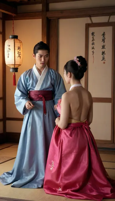 1 Korean male, 1 Korean female, wearing open hanbok, enjoying sex, boob poping out, intense sex, cowgirl position, ((cowgirl position)), Korean couple, 21 year old Korean female, 27 year old Korean male, nude, naked, Sex, cowgirl, traditional rituals, Having sex in traditional outfits, Sex in hanbok, silk hanbok, sex in the hanbok, hanbok sex, sex, sexual situation, sexual tension, intense scene, Real face, seductive expression, Night time, dim light, late night time, winter weather, sweaty, oily skin, sensual scene, side pose, full body visible, light reflecting from skin, detailed body, real skin, perfect body, perfect feet, perfect hands, Detailed face, both of them are nude, dark scene, dusk, night shadows, 15th century, joseon period, full body in view, in old house, ancient Korean lanterns hanging on the ceiling, evening time, reflections, shadows, Realistic detailed eyes. Realistic skin texture. high quality, photorealistic, hyperrealistic, extremely detailed, high resolution, high resolution face, high resolution eyes, 8k, 15th century Korean house with bed on the ground in the middle of the room, colourful room, flower decorations, Korean paintings, <lora:CowgirlFeetUp:.8>