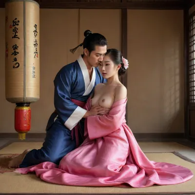 1 Korean male, 1 Korean female, wearing open hanbok, enjoying sex, boob poping out, intense sex, cowgirl position, ((cowgirl position)), Korean couple, 21 year old Korean female, 27 year old Korean male, nude, naked, Sex, cowgirl, traditional rituals, Having sex in traditional outfits, Sex in hanbok, silk hanbok, sex in the hanbok, hanbok sex, sex, sexual situation, sexual tension, intense scene, Real face, seductive expression, Night time, dim light, late night time, winter weather, sweaty, oily skin, sensual scene, side pose, full body visible, light reflecting from skin, detailed body, real skin, perfect body, perfect feet, perfect hands, Detailed face, both of them are nude, dark scene, dusk, night shadows, 15th century, joseon period, full body in view, in old house, ancient Korean lanterns hanging on the ceiling, evening time, reflections, shadows, detailed decorated house walls, detailed fancy Korean paintings on the wall, traditional Korean home, Realistic detailed eyes. Realistic skin texture. high quality, photorealistic, hyperrealistic, extremely detailed, high resolution, high resolution face, high resolution eyes, 8k, 15th century Korean house with bed on the ground in the middle of the room, colourful room, flower decorations, Korean paintings, <lora:CowgirlFeetUp:.8>