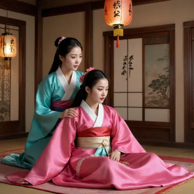 1 Korean male, 1 Korean female, wearing open hanbok, enjoying sex, boob poping out, intense sex, cowgirl position, ((cowgirl position)), Korean couple, 21 year old Korean female, 27 year old Korean male, nude, naked, nude couple, Sex, cowgirl, traditional rituals, Having sex in traditional outfits, Sex in hanbok, silk hanbok, sex in the hanbok, hanbok sex, sex, sexual situation, sexual tension, intense scene, Real face, seductive expression, Night time, dim light, late night time, winter weather, sweaty, oily skin, sensual scene, side pose, full body visible, light reflecting from skin, detailed body, real skin, perfect body, perfect feet, perfect hands, Detailed face, both of them are nude, dark scene, dusk, night shadows, 15th century, joseon period, full body in view, in old house, ancient Korean lanterns hanging on the ceiling, evening time, reflections, shadows, detailed decorated house walls, detailed fancy Korean paintings on the wall, traditional Korean home, Realistic detailed eyes. Realistic skin texture. high quality, photorealistic, hyperrealistic, extremely detailed, high resolution, high resolution face, high resolution eyes, 8k, 15th century Korean house with bed on the ground in the middle of the room, colourful room, flower decorations, Korean paintings, <lora:CowgirlFeetUp:.8>