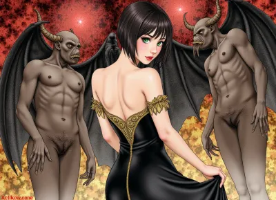 Art Nouveau style, anime girl at Satan's Ball, 1920s, emerald eyes, raven hair, (((extra short black gown))), (gold embroidery, decolletage), Evil spirits all around, ((view from behind)), Whimsical, Art, Nouveau, Watercolor, <lora:Whimsical_Art_Nouveau_Watercolor_Flux-000004:.8>, sugimura, hiroko, <lora:innai_kansen_sugimura_hiroko_flux_v1_4-000010:.8>