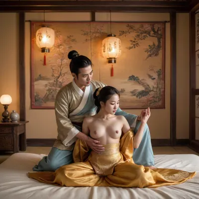 two individuals, 1 Korean male, 1 Korean female, are engaged in a sexual act on a bed with a golden-colored cover., cowgirl sex position, The setting appears to be a room with traditional Korean Asian decor from joseon period, Bed is on the ground and in the center of the huge room, detailed interior, Korean painting on the wall, featuring a decorative screen with an intricate pattern in the background and a lit lantern, which adds a warm, ambient light to the scene. There is also a piece of artwork on the wall, adding to the cultural ambiance. The individuals are nude, and their bodies are intertwined in a manner that suggests a passionate encounter. The overall color scheme of the image includes warm tones from the lantern light and the golden bed cover, contributing to a somewhat sensual and intimate atmosphere. The composition focuses on the two individuals on the bed, with the background elements providing context to the setting.

Detailed face, detailed expression, sweaty skin, girl has pointed breasts, puffy nipples, fit, mascular, athelatic, Man has masular hands and chest, Sexual activity, cowgirl pose, sex, Intense scene, orgasm, seductive looks, Wearing traditional hanbok, in traditional Korean house, hanok, evening time, cinematic view, depth of field