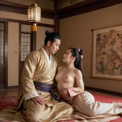 two individuals, 1 Korean male, 1 Korean female, are engaged in a sexual act on a bed with a golden-colored cover., cowgirl sex position, The setting appears to be a room with traditional Korean Asian decor from joseon period, Bed is on the ground and in the center of the huge room, detailed interior, Korean painting on the wall, featuring a decorative screen with an intricate pattern in the background and a lit lantern, which adds a warm, ambient light to the scene. There is also a piece of erotic artwork on the wall, adding to the cultural ambiance. The individuals are nude, and their bodies are intertwined in a manner that suggests a passionate sexual encounter. The overall color scheme of the image includes warm colourful tones from the lantern light and the silk bed cover, contributing to a somewhat sensual and intimate atmosphere. The composition focuses on the two individuals on the bed, with the background elements providing context to the setting.

Detailed face, detailed expression, sweaty skin, girl has pointed breasts, puffy nipples, fit, mascular, athelatic, Man has masular hands and chest, Sexual activity, cowgirl pose, sex, Intense scene, orgasm, seductive looks, Wearing traditional hanbok, in traditional Korean house, hanok, evening time, cinematic view, depth of field