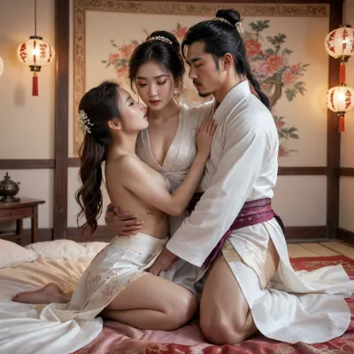 two individuals, 1 Korean male, 1 Korean female, are engaged in a sexual act on a bed with a silky white-colored cover., cowgirl sex position, intimate pose, touching, cuddling, hugging, horny, half naked, The setting appears to be a room with traditional Korean Asian decor from joseon period, Bed is on the ground and in the center of the huge room, detailed interior, erotic Korean painting on the wall, featuring a decorative screen with an intricate pattern in the background and a Korean lanterns, which adds a warm, ambient light to the scene. There is also a piece of artwork on the wall, adding to the cultural ambiance. The individuals are nude, and they are engaged in sex, in a manner that suggests a very passionate encounter. The overall color scheme of the image includes colourful warm tones from the lantern light and the silk white bed cover, contributing to a somewhat sensual and intimate atmosphere. The composition focuses on the two individuals on the bed, with the background elements providing context to the setting.

Detailed face, detailed expression, sweaty skin, girl has pointed breasts, puffy nipples, fit, mascular, athelatic, Man has masular hands and chest, Sexual activity, cowgirl pose, sex, Intense scene, orgasm, seductive looks, Wearing traditional hanbok, in traditional Korean house, hanok, evening time, cinematic view, depth of field, detailed, eyes, perfect, freckles, skin, texture, photorealistic, <lora:Super_Eye_Detailer_By_Stable_Yogi_SDPD0:.8>, <lora:detailed_notrigger:.8>