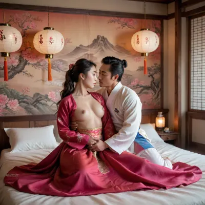 two individuals, 1 Korean male, 1 Korean female, are engaged in a sexual act on a bed with a silky colorful cover., cowgirl sex position, intimate pose, touching, cuddling, hugging, horny, half naked, The setting appears to be a room with traditional Korean Asian decor from joseon period, Bed is on the ground and in the center of the huge room, detailed interior, erotic Korean painting on the wall, featuring a decorative screen with an intricate pattern in the background and a Korean lanterns, which adds a warm, ambient light to the scene. There is also a piece of artwork on the wall, adding to the cultural ambiance. The individuals are nude, and they are engaged in sex, in a manner that suggests a very passionate encounter. The overall color scheme of the image includes colourful warm tones from the lantern light and the silk white bed cover, contributing to a somewhat sensual and intimate atmosphere. The composition focuses on the two individuals on the bed, with the background elements providing context to the setting.

Detailed face, detailed expression, sweaty skin, girl has pointed breasts, puffy nipples, fit, mascular, athelatic, Man has masular hands and chest, Sexual activity, cowgirl pose, sex, Intense scene, orgasm, seductive looks, Wearing traditional hanbok, in traditional Korean house, hanok, evening time, cinematic view, depth of field, detailed, eyes, perfect, freckles, skin, texture, photorealistic, <lora:Super_Eye_Detailer_By_Stable_Yogi_SDPD0:.8>, NEGATIVE_HANDS, <lora:CinematicStyle_v1:.8>
