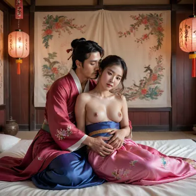 two individuals, 1 Korean male, 1 Korean female, are engaged in a sexual act on a bed with a silky colorful cover., cowgirl sex position, intimate pose, touching, cuddling, hugging, horny, half naked, The setting appears to be a room with traditional Korean Asian decor from joseon period, Bed is on the ground and in the center of the huge room, detailed interior, erotic Korean painting on the wall, featuring a decorative screen with an intricate pattern in the background and a Korean lanterns, which adds a warm, ambient light to the scene. There is also a piece of artwork on the wall, adding to the cultural ambiance. The individuals are nude, and they are engaged in sex, in a manner that suggests a very passionate encounter. The overall color scheme of the image includes colourful warm tones from the lantern light and the silk white bed cover, contributing to a somewhat sensual and intimate atmosphere. The composition focuses on the two individuals on the bed, with the background elements providing context to the setting.

Detailed face, detailed expression, sweaty skin, girl has pointed breasts, puffy nipples, fit, mascular, athelatic, Man has masular hands and chest, Sexual activity, cowgirl pose, sex, Intense scene, orgasm, seductive looks, Wearing traditional hanbok, in traditional Korean house, hanok, evening time, cinematic view, depth of field, detailed, eyes, perfect, freckles, skin, texture, photorealistic, <lora:Super_Eye_Detailer_By_Stable_Yogi_SDPD0:.8>, NEGATIVE_HANDS, <lora:CinematicStyle_v1:.8>