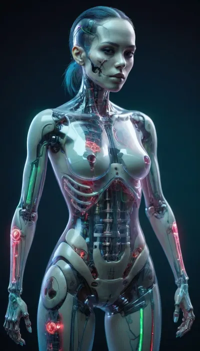 full body portrait, show feet, ((Asian cyborg girl with partial transparent skull with visible wires and red plasma inside her skull:1)), human face with many scars and many tattoos, robotic skeleton with pink lights and green lights and blue lights, (wielding long plasma sword:.8), <lora:PAseer-SDXL-Transparent Robot:.5>