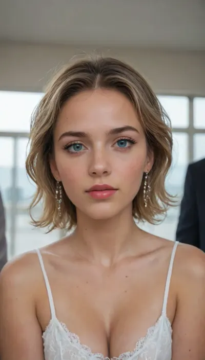 imagen hiperrealista de una mujer joven, ((que se vea todo el cuerpo)), hermosa figura, cintura delicada, piernas flacas, cola pequeña y redonda, pechos medianos duros
con cabello marrón claro con reflejos cobrizos y anaranjados. Su melena es ligeramente ondulada y cae de manera natural sobre sus hombros, con mechones sueltos que aportan un toque desenfadado y playero. Sus ojos son de un verde vibrante, expresivos y luminosos, reflejando la luz de manera realista., (Mandibula inferior prominente, chupando un pene), Su piel es ligeramente bronceada, con un brillo natural y sutiles pecas sobre sus mejillas y nariz. Su expresión es relajada y amigable, con una leve sonrisa en los labios. Tiene cejas bien definidas, gruesas pero armoniosas, enmarcando su mirada. Sus labios son carnosos y de un tono rosado natural., ((Se encuentra caminando desnuda en la playa junto a un hombre desnudo)), El escenario es una playa tropical, con arena clara y fina, agua cristalina de tonos turquesa y vegetación frondosa en el fondo.

1 hombre desnudo caminando
