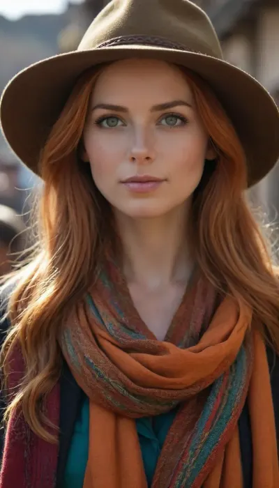 a close up of a woman 35ys, green eyes, (long ligth bronw hair), orange hair, wearing a hat and a scarf, by Hannah Tompkins, market setting, peru, wearing collar, jenny seville, nepal, very professional, amber, looking confident, ((#cynthiaqueens)), # 0 1 7 9 6 f, thick collar, slightly sunny, inca style, casually dressed