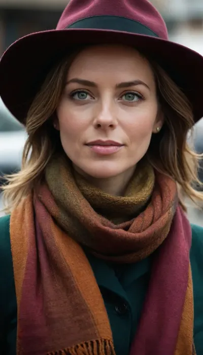 a close up of a woman 40ys, green eyes, wearing a hat and a scarf, by Hannah Tompkins, market setting, chile, wearing collar, jenny seville, nepal, very professional, amber, looking confident, christina kritkou, # 0 1 7 9 6 f, thick collar, slightly sunny, inca style, casually dressed