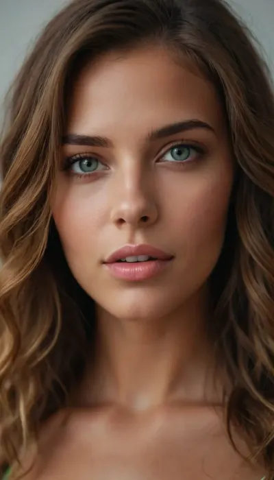 Crea una imagen hiperrealista de una mujer joven con cabello marrón claro con reflejos cobrizos y anaranjados. Su melena es ligeramente ondulada y cae de manera natural sobre sus hombros, con mechones sueltos que aportan un toque desenfadado y playero. Sus ojos son de un verde vibrante, expresivos y luminosos, reflejando la luz de manera realista.

Mandibula inferior prominente.

Su piel es ligeramente bronceada, con un brillo natural y sutiles pecas sobre sus mejillas y nariz. Su expresión es relajada y amigable, con una leve sonrisa en los labios. Tiene cejas bien definidas, gruesas pero armoniosas, enmarcando su mirada. Sus labios son carnosos y de un tono rosado natural.

El escenario es una playa tropical, con arena clara y fina, agua cristalina de tonos turquesa y vegetación frondosa en el fondo.